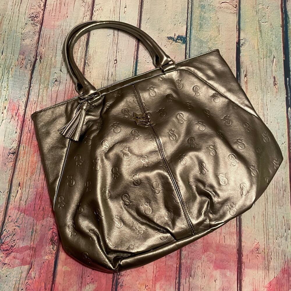 Victoria's Secret Tote Bag Womens Large Silver Embossed Metallic Travel